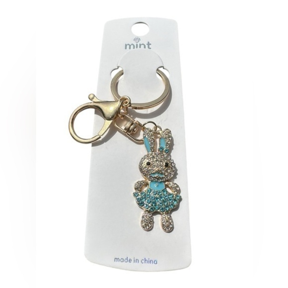 3/$25 Mint Sparkle.Rhinestone Jeweled Blue Rabbit Bunny Purse Keychain Bag Charm